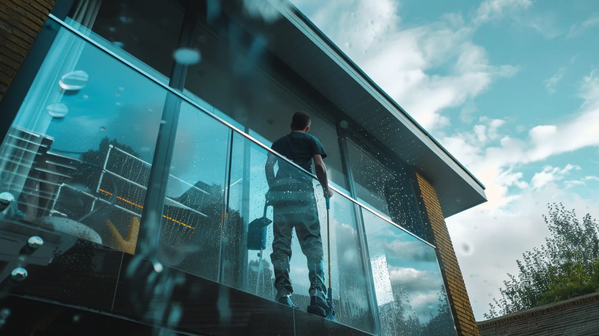 Professional window cleaner washing large glass panels on a commercial building