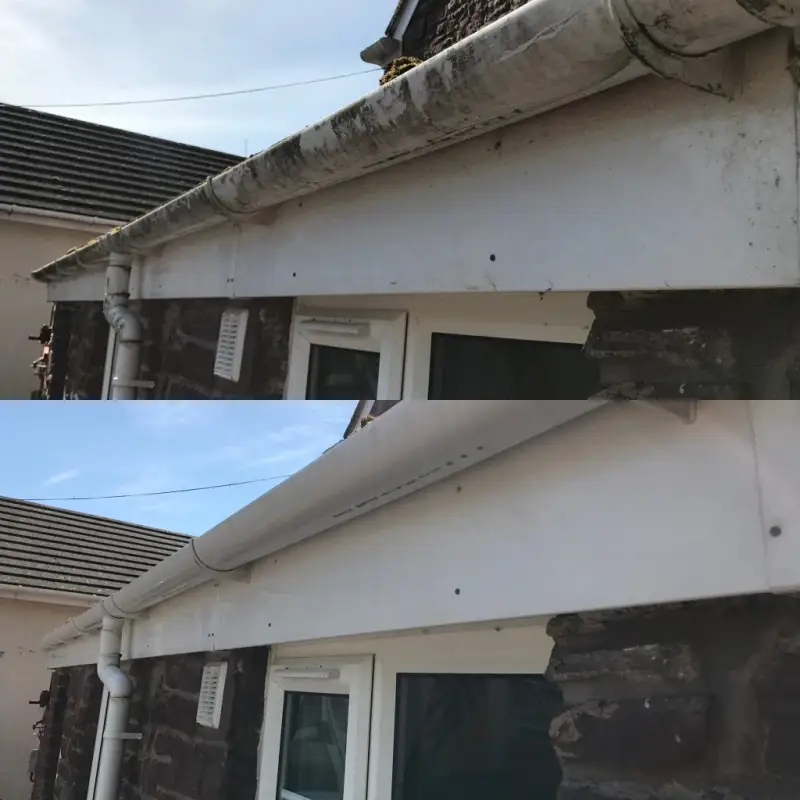 Gutter and fascia before and after cleaning — moss and staining cleared